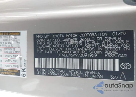 2007 Toyota Camry Le z USA, uszkodzony, nr VIN JTNBE46K973091929